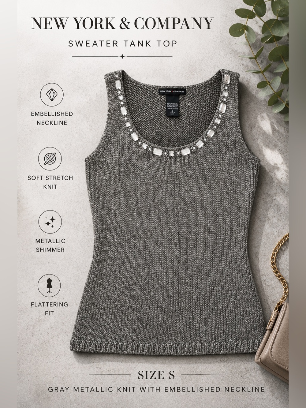 New York & Company Gray Metallic Knit Embellished Sweater Tank Top Size S